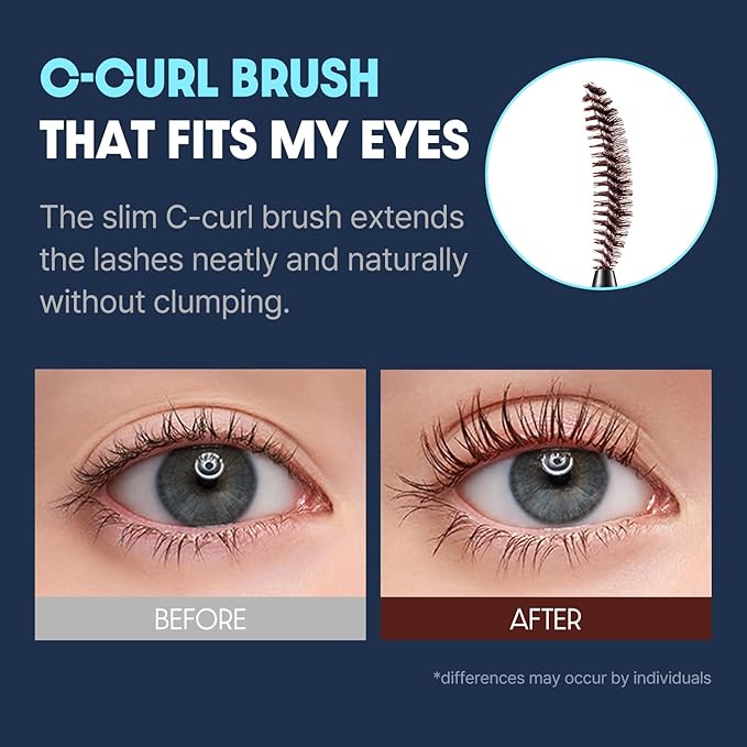 COSNORI Perfect Setting Waterproof Mascara Long&Curl 04 Deep Ash – Long-Lasting Smudge - Ash Brown Mascara - Korea Waterproof, Long lash, Strong fixing, Silk Amino Acids - 0.23fl oz (7ml)