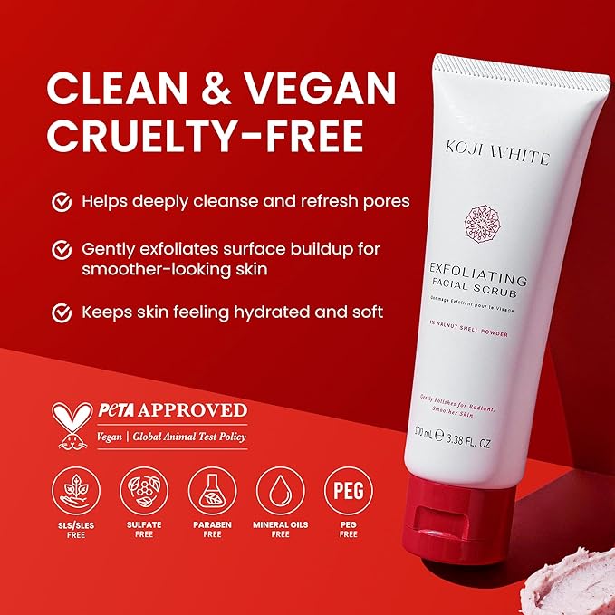 Koji White Exfoliating Facial Scrub, Gentle Face Wash with 1% Walnut Shell Powder, AHA, Kojic Acid Dipalmitate & Hyaluronic Acid | Hydrating, Vegan, 100ml (3.38 Fl Oz)
