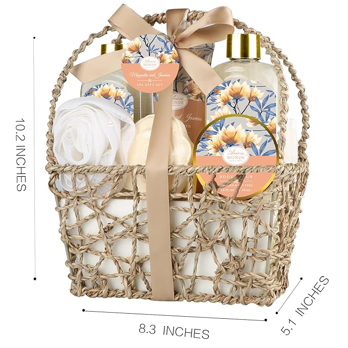 Home Spa Gift Basket, Bath Spa Kit for Women, with Body Lotion, Shower Gel, Bubble Bath, Body Scrub, Bath Salt, Bath Bomb, Bath Gift Set for Mother, Wife Her, with Magnolia and Jasmine Scent