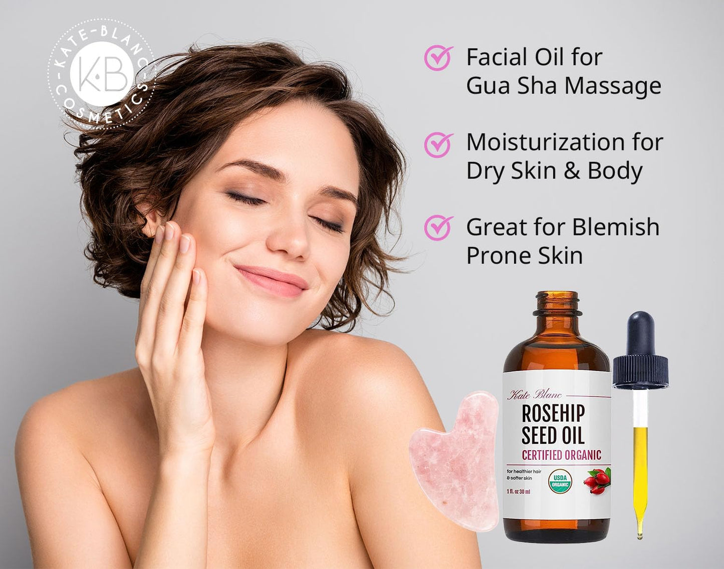 Kate Blanc Cosmetics Rosehip Oil for Face with Pink Gua Sha Stone (1oz, Organic, Pure, Cold Pressed) Rosehip Seed Face Oil for Gua Sha Massage