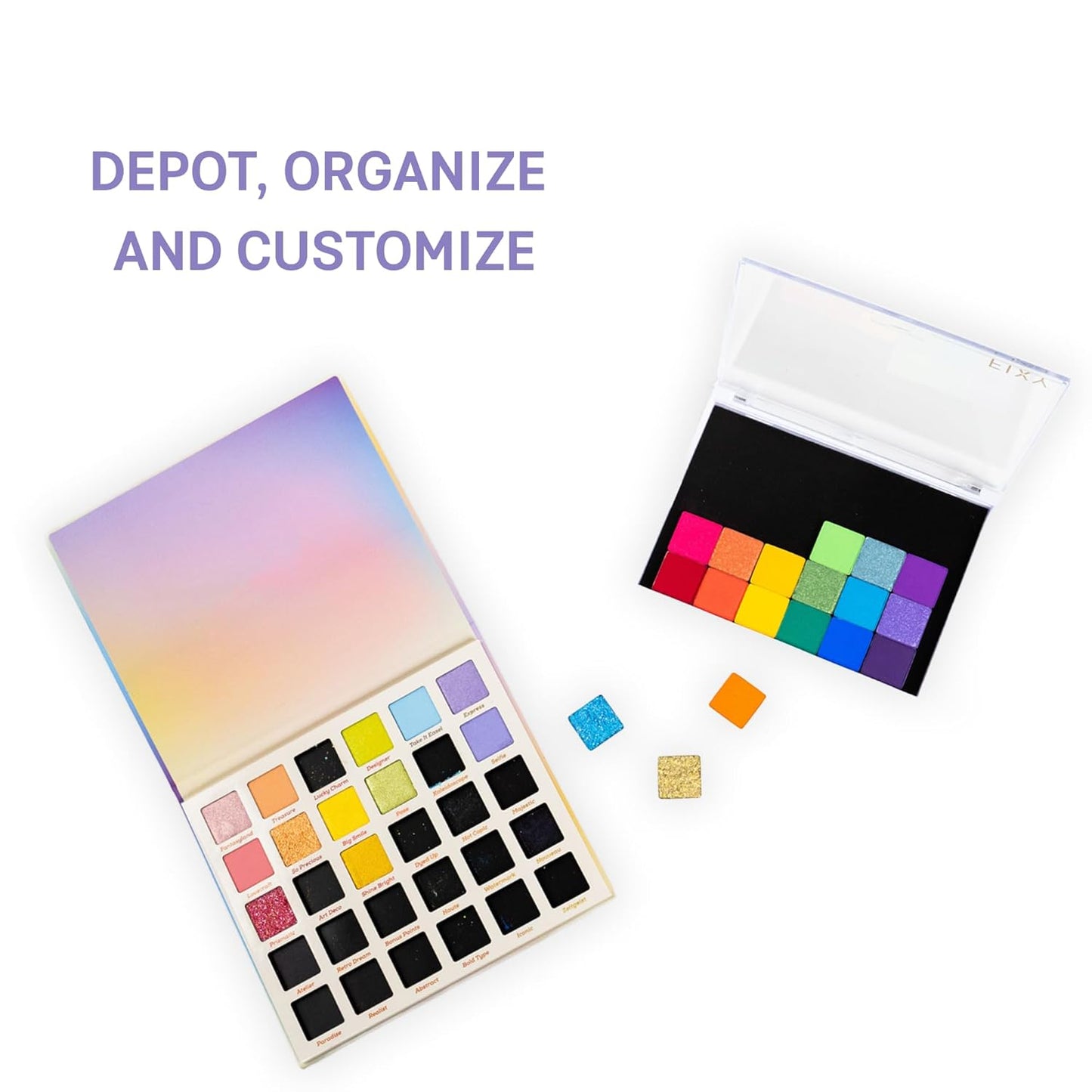 FIXY Empty Magnetic Makeup Palette Set of 3 (5.7x4.3inch) and 20 Magnetic Metal Pans of 21mm - Travel Friendly for Depotting, Organizing Eyeshadow, Blush, Foundation, Face Powder and more