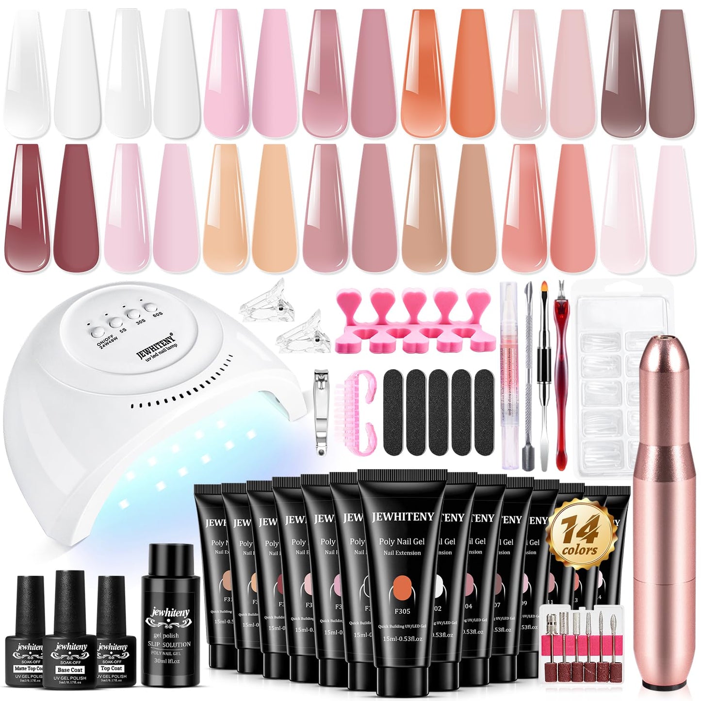 JEWHITENY 14 pcs Poly Gel Nail Extension Kit With Drill Machine U V Nail Light ALL In One Polygel Starter Kit