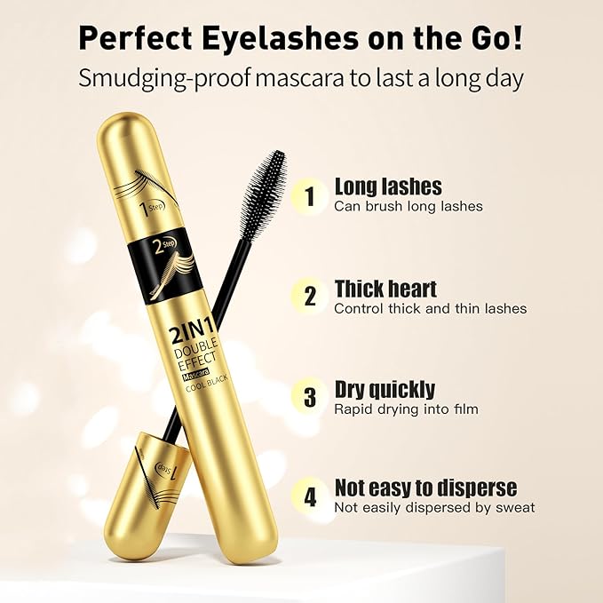 2pcs 2-in-1 4D Double Effect Fiber Mascara: Curling and Intensifying, Daily Waterproof, 5x Longer, Voluminous & Smudge-Proof, No Flaking and No Clumping, Black and Golden Tube Set