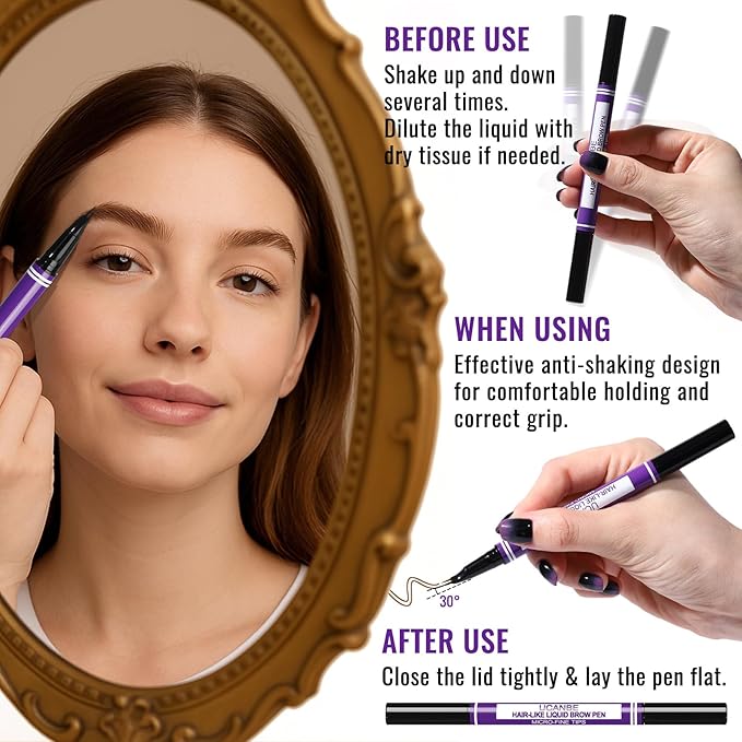 UCANBE Eyebrow Pen, Dual-Curved Eyebrow Pencils for Women, 2-in-1 Brow Pencil with 2-Fork-Tip & Precise Brush-Tip for Natural Hair-Like Brows, Waterproof Microblading Brow Pen Last 24Hrs(Dark Brown)