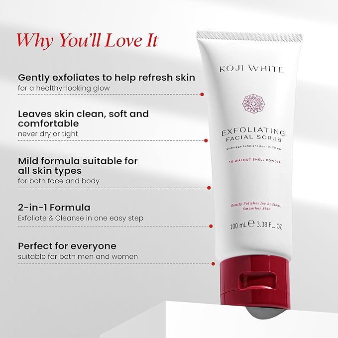 Koji White Exfoliating Facial Scrub, Gentle Face Wash with 1% Walnut Shell Powder, AHA, Kojic Acid Dipalmitate & Hyaluronic Acid | Hydrating, Vegan, 100ml (3.38 Fl Oz)