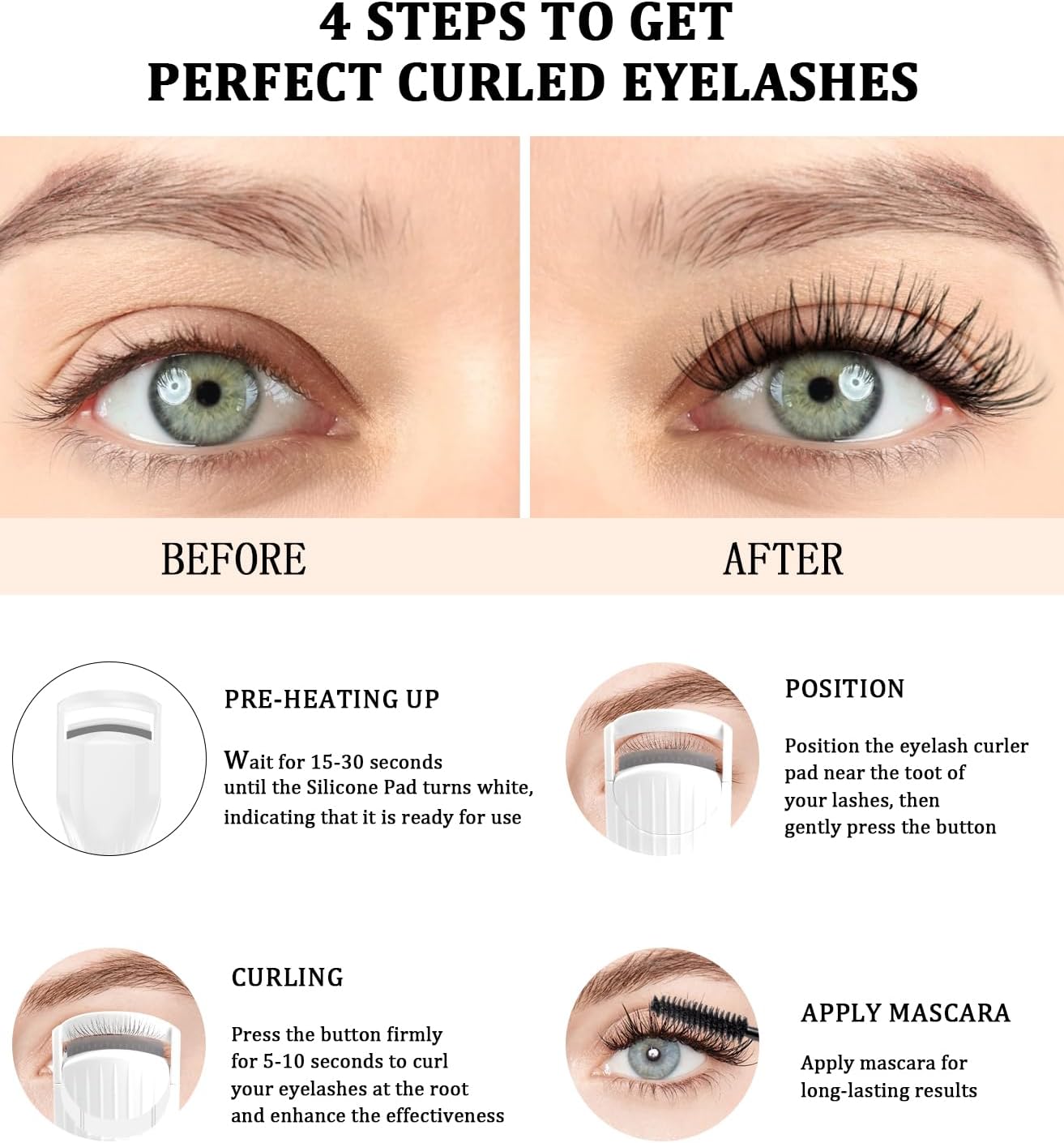 Heated Eyelash Curler Premium PRO - Fast Heat up in 8s - 24 Hours Long Lasting - Rechargeable Electric Eyelash Curler with Type-C, 2 Heat Modes, Anti-Burn Eyelid, Gift for Women Girls, White-AB