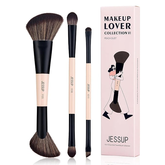 Jessup Travel Makeup Brushes Set 3pcs, Double Sided Contour Brush Dual Ended Eye Shadow Shader Eyeliner Brush, Multi-functional Makeup Set Peach Dust T507