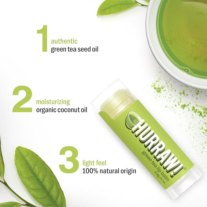 Hurraw! Green Tea Lip Balm: Organic, Certified Vegan, Cruelty and Gluten Free. Non-GMO, 100% Natural Ingredients. Bee, Shea, Soy and Palm Free. Made in USA