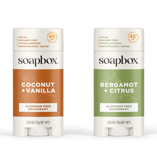 Soapbox Aluminum Free Deodorant, 2 Pack Bergamot & Citrus and Coconut & Vanilla Scented Deodorant, Scented Aluminum-Free Natural Deodorants, 2.65oz