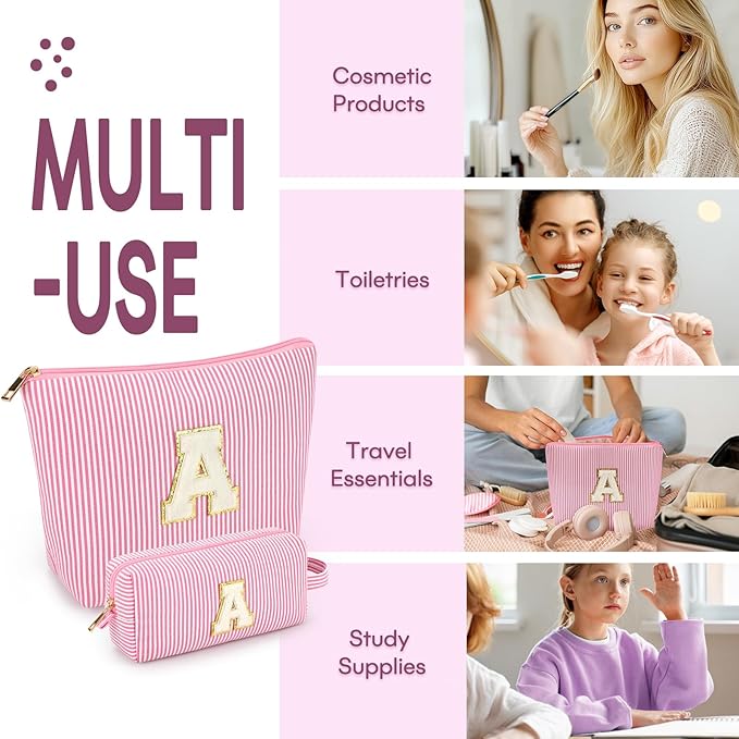 2 PCS Initial Makeup Bags for Women: Cosmetic Bag for Travel Toiletry - Birthday Gifts for 11 12 13 14 15 16 17 18 Years Old Girl Graduation Teacher Gift- Teen Girl Gifts Trendy Stuff - Pink A