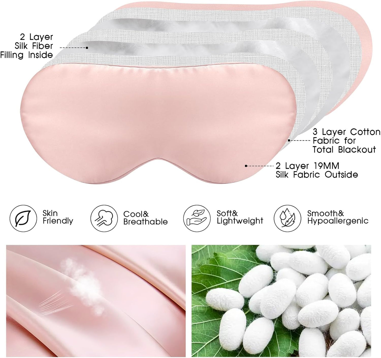 Mulberry Silk Blackout Adjustable Sleep Eye Mask for Men/Women Travel Plane,Blush Pink