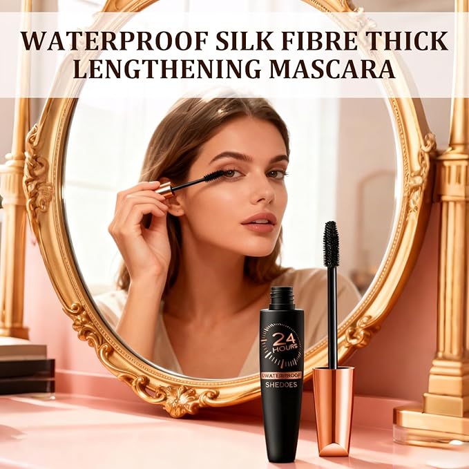 2PCS New Waterproof Silk Fibre Thick Lengthening Mascara, Iron Wand Curling Eyelash, Thick Lengthening 4D Silk Fiber Lash Mascara, No Flaking Long-Lasting, Ideal for Women Eye Makeup