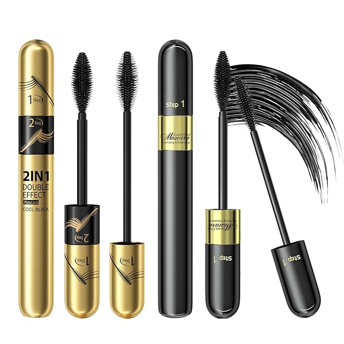 2pcs 2-in-1 4D Double Effect Fiber Mascara: Curling and Intensifying, Daily Waterproof, 5x Longer, Voluminous & Smudge-Proof, No Flaking and No Clumping, Black and Golden Tube Set