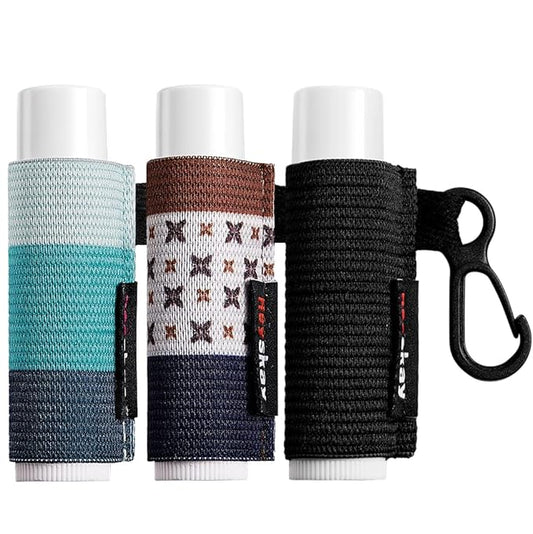 HEYSKAY Lip Balm Holder Sleeves Keychain Chapstick Elastic Sleeves (Black/light blue strip/dark blue strip) 3 Count (Pack of 1)