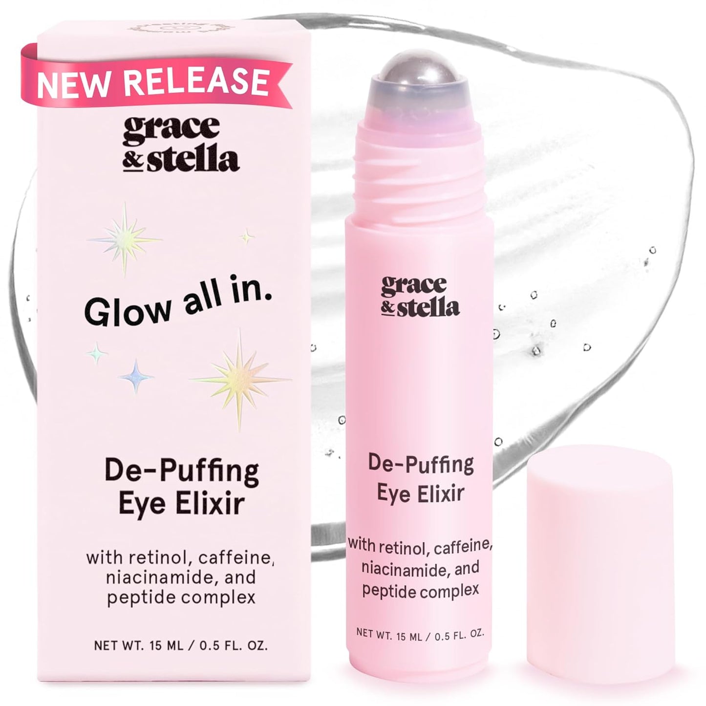 grace & stella Under Eye Brightener Roller - Airplane Travel Essentials - Travel Size Toiletries - Retinol & Caffeine Eye Serum for Puffiness, Dark Circles, Wrinkles - Vegan Skincare (15ml / 0.51floz)