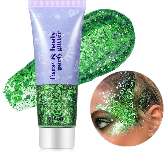 Go Ho Green Face Body Glitter,St Patricks Day Face Glitter Makeup,Green Face Paint Holographic Chunky Sequins Glitters for Eye Lip Hair Nails,Festival Rave Accessories,52g
