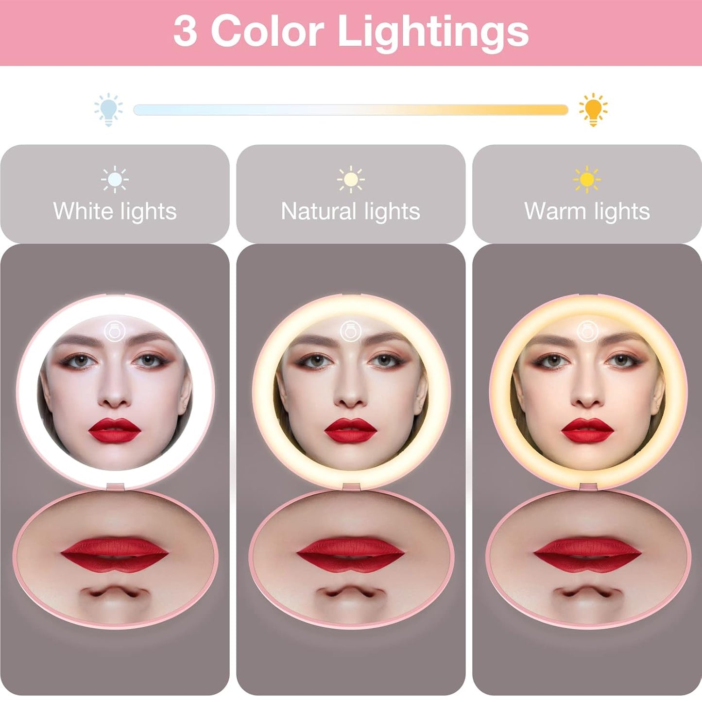 wobsion Rechargeable Compact Mirror, 1x/10x Magnification, Dimmable, Portable, LEDs, 4in Handheld, Pink