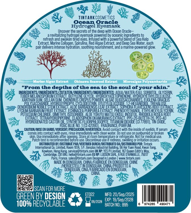 Ocean Oracle Hydrogel Eye Mask, 28 Pairs Under Eye Patches for Hydrating & Anti-Wrinkle Care with Marine Algae Extract, Okinawan Mozuku Seaweed & Microalgae, Refresh & Awaken Tired Eyes