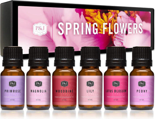 P&J Trading Spring Flowers Set of Fragrance Oil - Woodbine, Lily, Lotus Blossom, Magnolia, Peony, Primrose Scents for Candle Making, Soap Making Supplies, Diffuser Oils