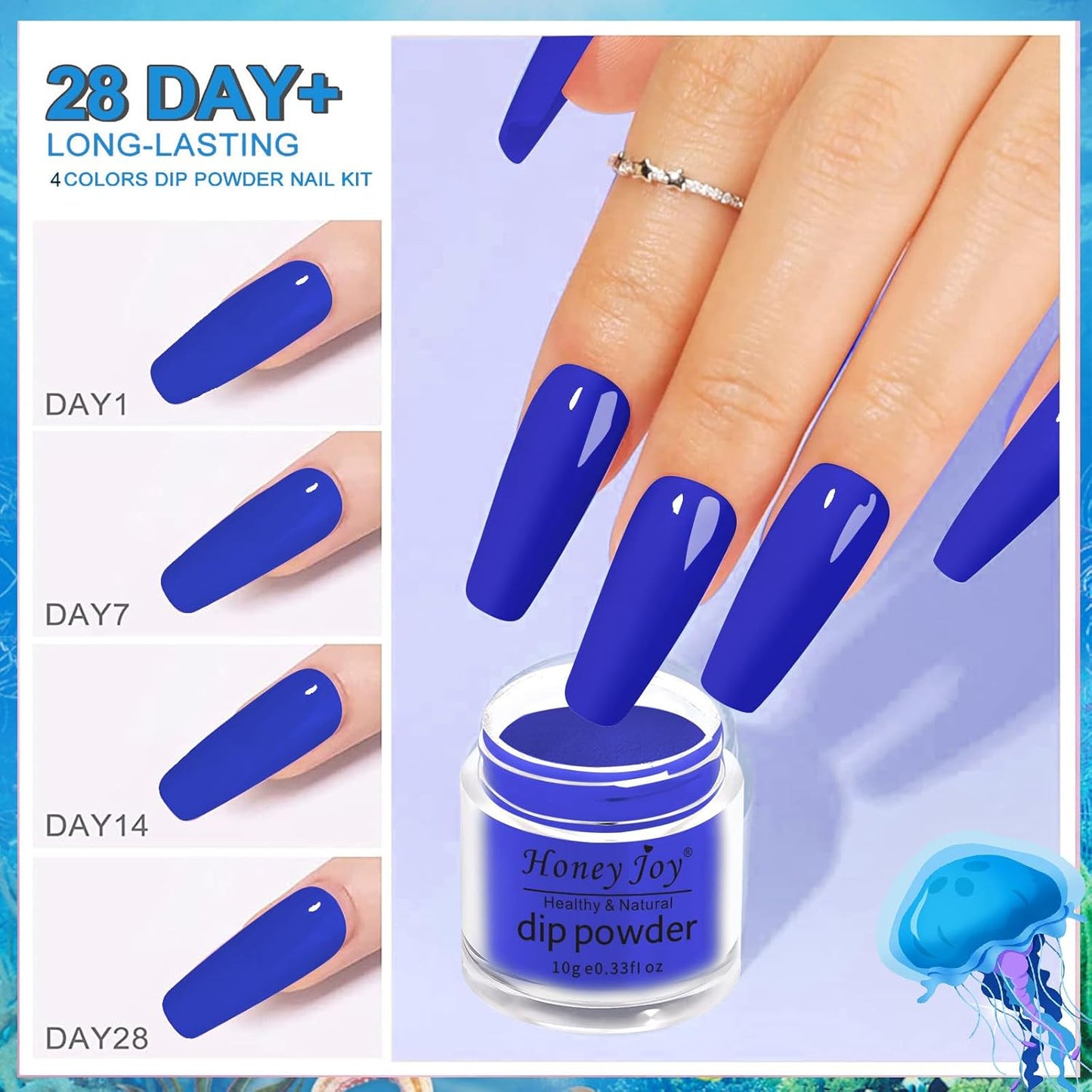 Honey Joy Dip Powder Nail Kit Starter,4 Colors Navy Blue Sky Blue Purple Glitter Dipping Powder Liquid Set with Base Top Coat for Nail Art Manicure Salon DIY No LED Nail Lamp Needed，Dip-7pcs-04