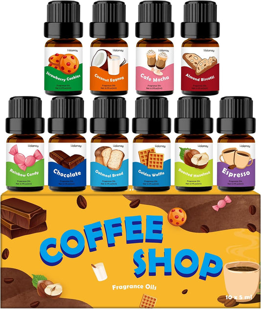 Fragrance Oil for Candle & Soap Making, Holamay Coffee Shop Set, Premium Aromatherapy Essential Oils for Diffusers for Home - Espresso, Cafe Mocha, Chocolate, Almond Biscotti and More, 10 x 5ml