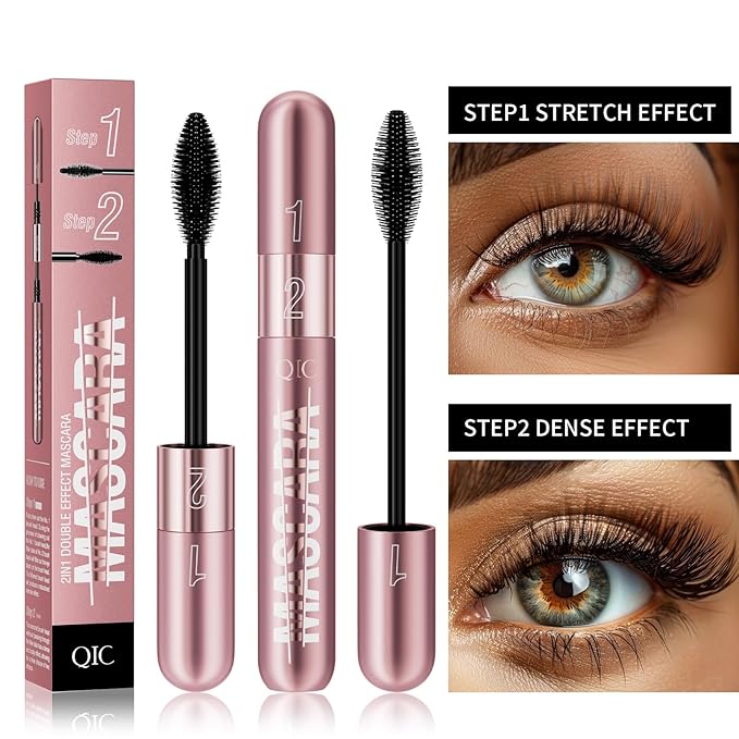 2-in-1 Mascara, Dual-Effect Lengthening and Volume, 4D Silk Fiber Lash mascara (Pink Tube, 1Pc)