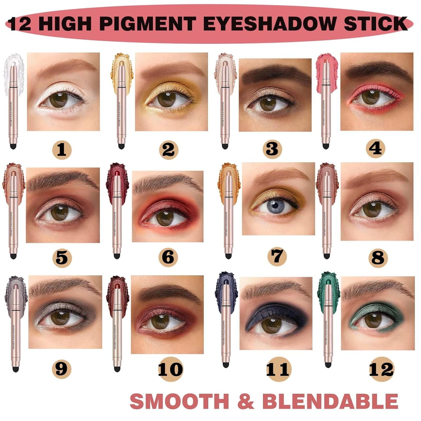 Green Eyeshadow Stick, Shimmer Cream Single Eyeshadow Pencil High Pigmented Eye Shadow Brightener Stick, Hypoallergenic Waterproof Long Lasting Highlighter stick Create Multi-Dimensional Eyes Look 12#
