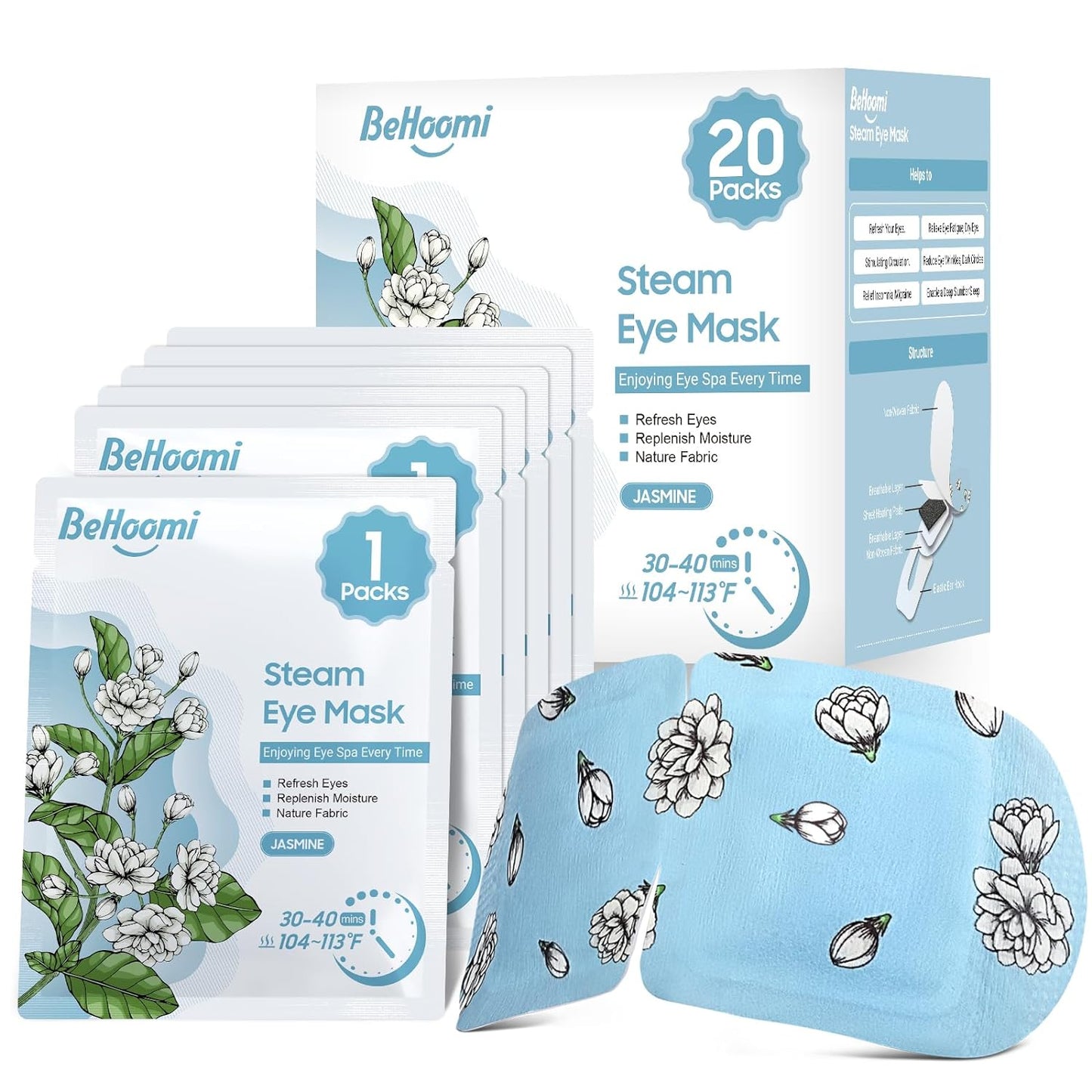 Steam Eye Mask, 20 Packs Heated Eye Mask Warm Compress for Eyes, Disposable Self Heating Eye Mask for Sleep, Spa, Travel Essentials & Relaxation Gifts for Women, Men (Jasmine)