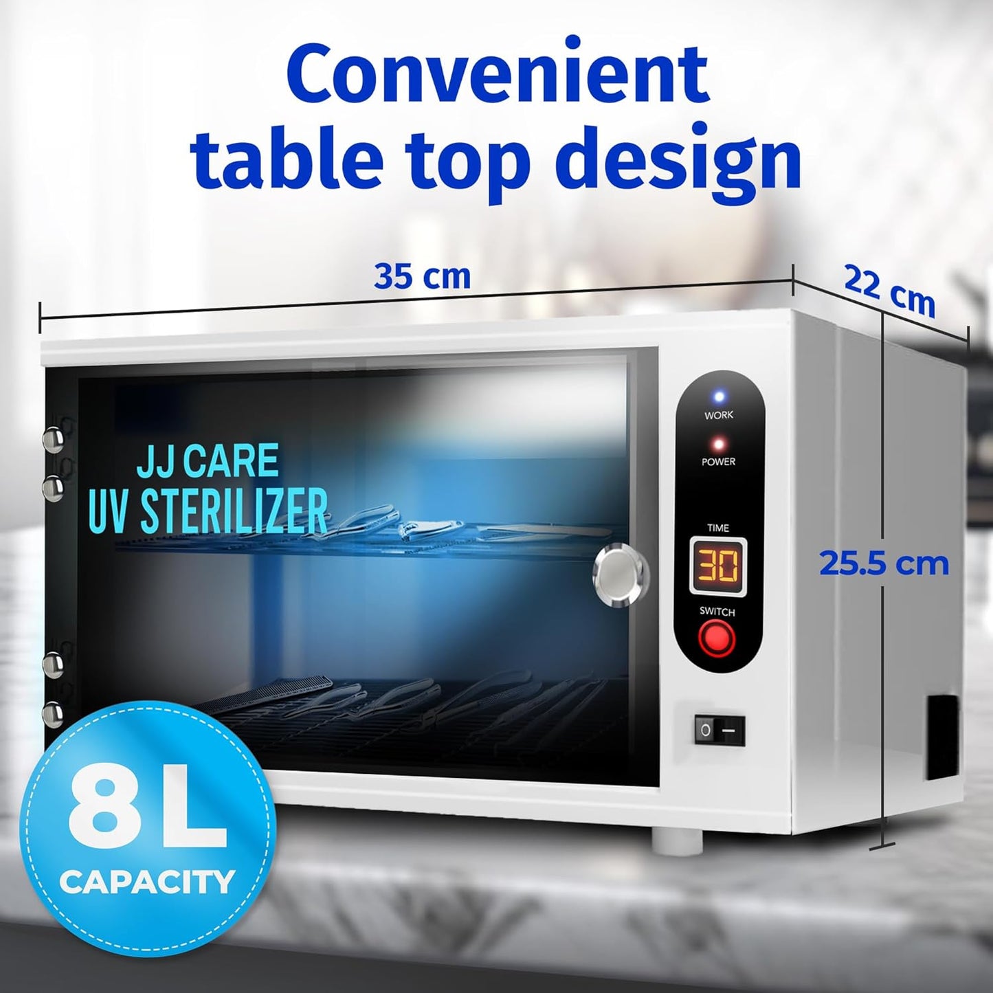 JJ CARE UV Sterilizer 8 Liter Capacity, UV Light 99% Sterilization Killing Efficiency, LED Timer UV Sterilizer Cabinet for Salon, Spa, Office and At Home Use, Professional Tabletop UV Sterilizer,