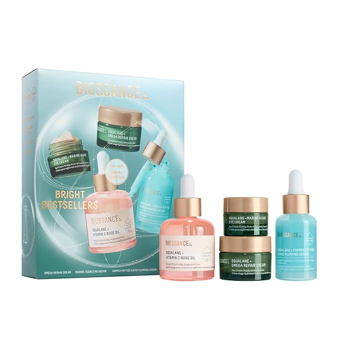 Biossance Bright Bestsellers Holiday Gift Set with Rose Oil, Marine Algae Eye Cream, Omega Repair Cream and Copper Peptide Plumping Serum, ($136 Value), 1 Set