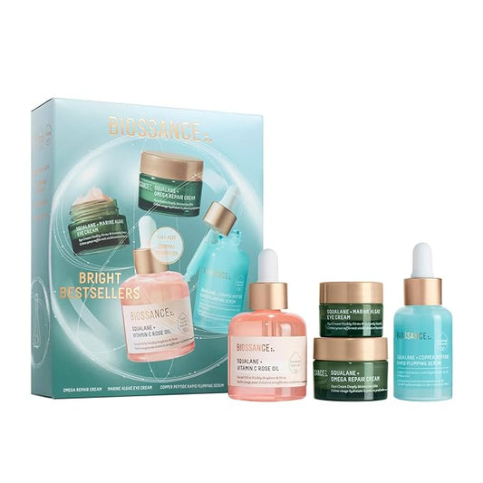 Biossance Bright Bestsellers Holiday Gift Set with Rose Oil, Marine Algae Eye Cream, Omega Repair Cream and Copper Peptide Plumping Serum, ($136 Value), 1 Set