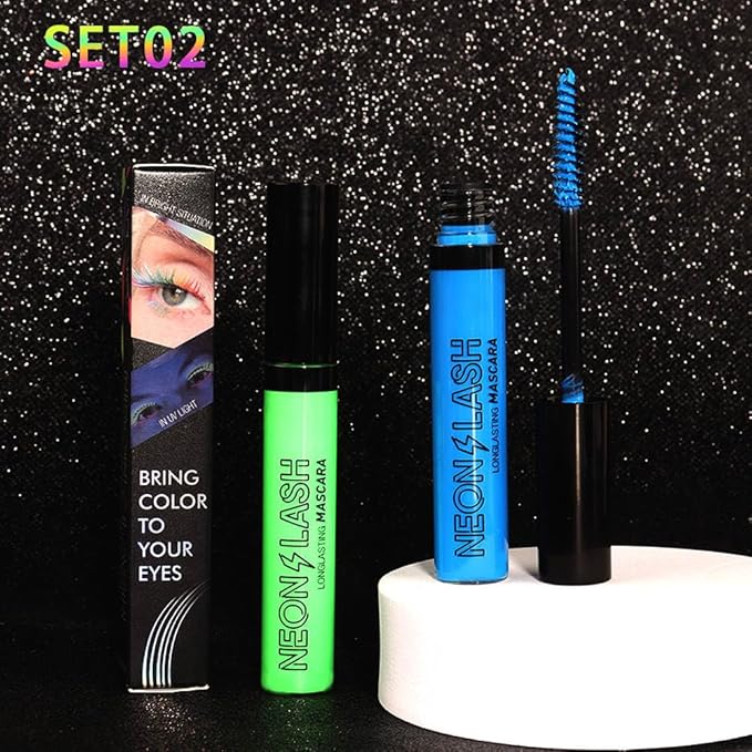 2 Colored Mascara for Eyelashes Set,Blue Green Halloween Fluorescent Colorful Waterproof Long lasting Charming Voluminous Mascara for Women Cruelty Free Vegan Eye Makeup (02# Green &05# Blue)