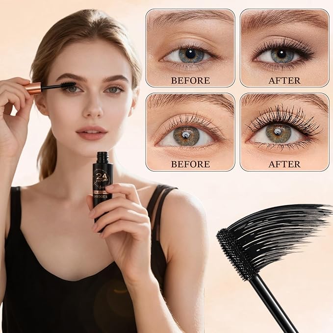 2PCS New Waterproof Silk Fibre Thick Lengthening Mascara, Iron Wand Curling Eyelash, Thick Lengthening 4D Silk Fiber Lash Mascara, No Flaking Long-Lasting, Ideal for Women Eye Makeup