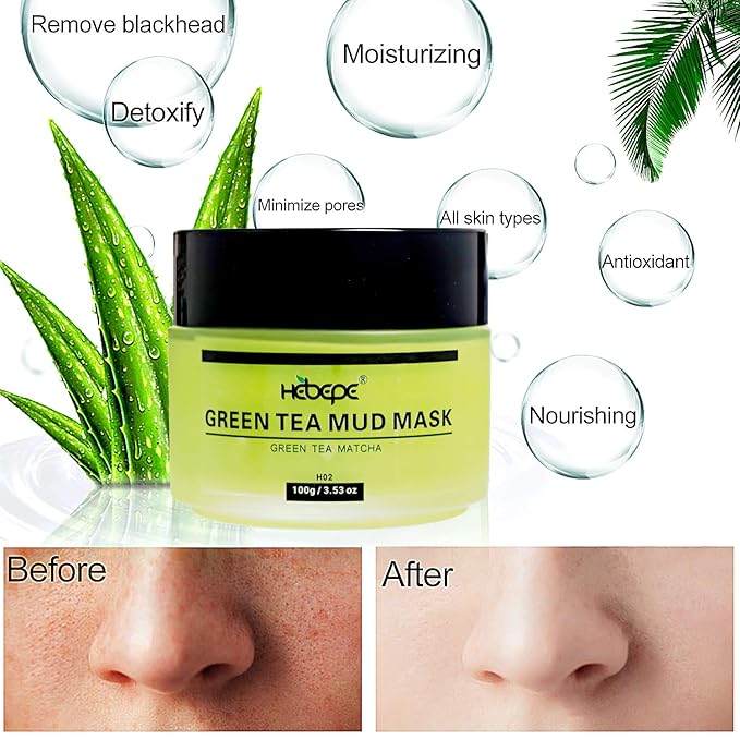 Green Tea Matcha Facial Detox Mud Mask with Aloe Vera, Deep Cleaning, Hydrating, Detoxing, Healing, and Relaxing Volcanic Clay Facial Mask
