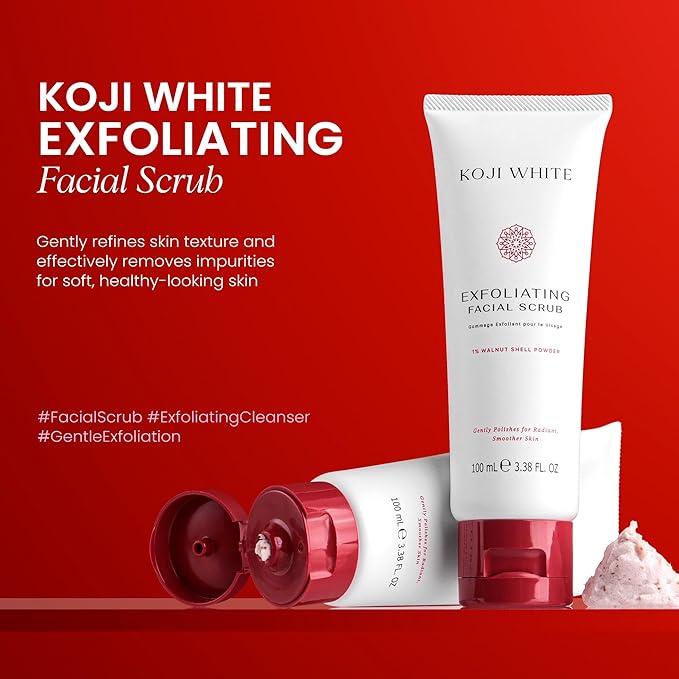 Koji White Exfoliating Facial Scrub, Gentle Face Wash with 1% Walnut Shell Powder, AHA, Kojic Acid Dipalmitate & Hyaluronic Acid | Hydrating, Vegan, 100ml (3.38 Fl Oz)