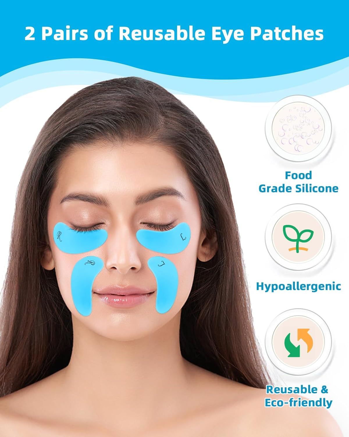 Under Eye Patches Silicone - 2 Pairs Reusable Eye Patches, Eye Wrinkle Patches, Reusable Under Eye Mask, Plump Fine Lines & Wrinkles, with Metal Eye Cream Applicator, Tin Case, Blue