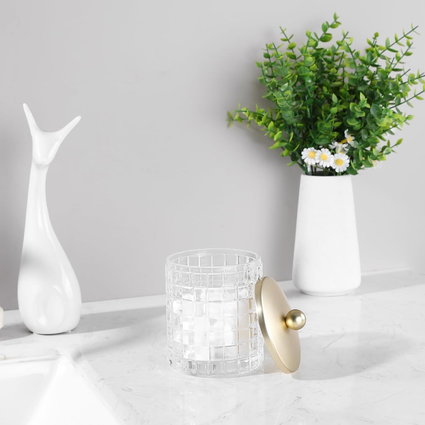 Glass Cotton Jar Holder Matte Gold Lid, Elegant Bathroom Storage Canister for Qtips, Cotton Balls, Floss, Makeup Organizer, Vanity Bathroom Organization