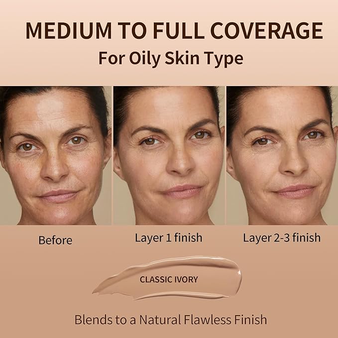 FV Full Coverage Liquid Foundation Makeup, Long Lasting Matte Foundation with Flawless Finish, Concealing & Minimizing Pores, Oil Control Waterproof for Oily Combination Skin, 1 Fl. Oz(Classic Ivory)