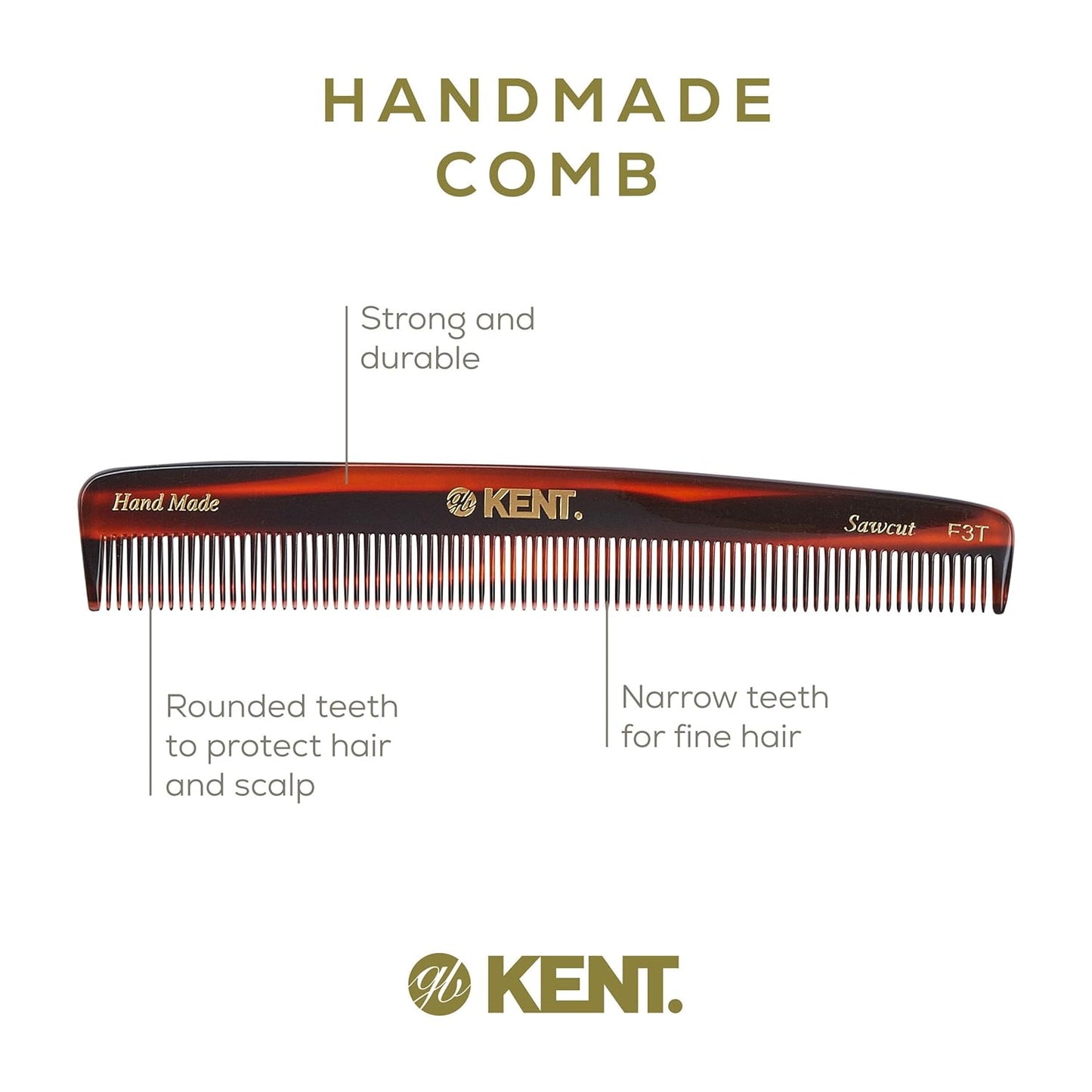 Kent F3T Fine Tooth Comb for Hair Parting, Handmade Combs for Men and Straightening Comb for Women, Dandruff Remover Kent Mens Combs for Fine Hair