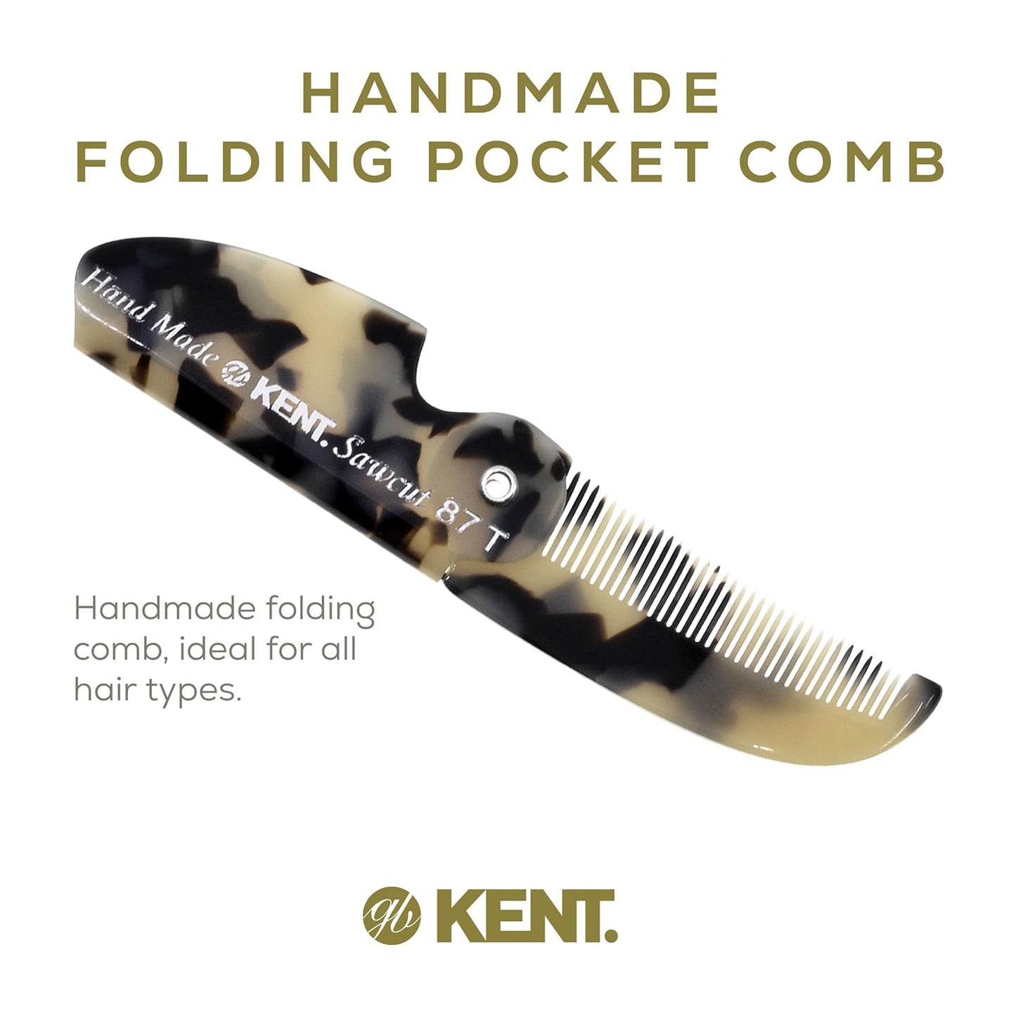 Kent 87T TW Handmade Folding Pocket Comb for Men, Fine Tooth Hair Comb Straightener for Everyday Grooming Styling Hair, Beard or Mustache, Use Dry or with Balms, Saw Cut Hand Polished, Made in England
