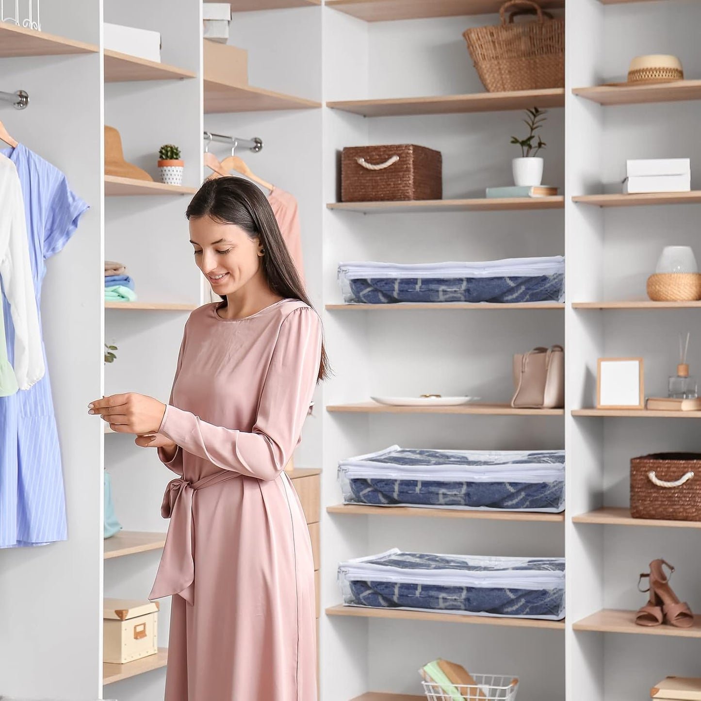 Hoolerry 6 Pieces Sweater Storage Bags Plastic Clear PVC Clothes Storage Bags with Zipper and Label for Blankets Clothes Closet Quilt Pillow Bed Sheet Organizer(15.7 x 13.7 x 3.9 Inch)