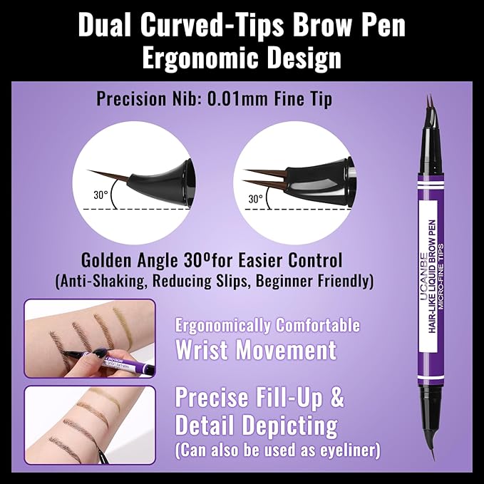 UCANBE Eyebrow Pen, Dual-Curved Eyebrow Pencils for Women, 2-in-1 Brow Pencil with 2-Fork-Tip & Precise Brush-Tip for Natural Hair-Like Brows, Waterproof Microblading Brow Pen Last 24Hrs(Light Brown)