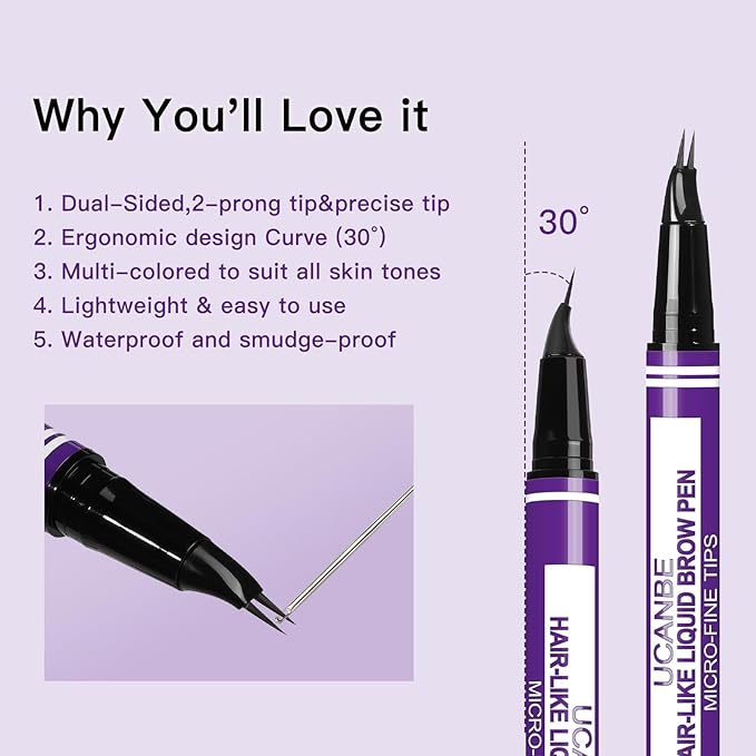 UCANBE Curved Eyebrow Pencils for Women with Spoolie Brush,Dual-Ended Eyebrow Pen with 2-Fork-Tip&Precise Brush-Tip,Microblading Brow Pen for Hair-Like Brows,Waterfool, Long Lasting,Soft Brown