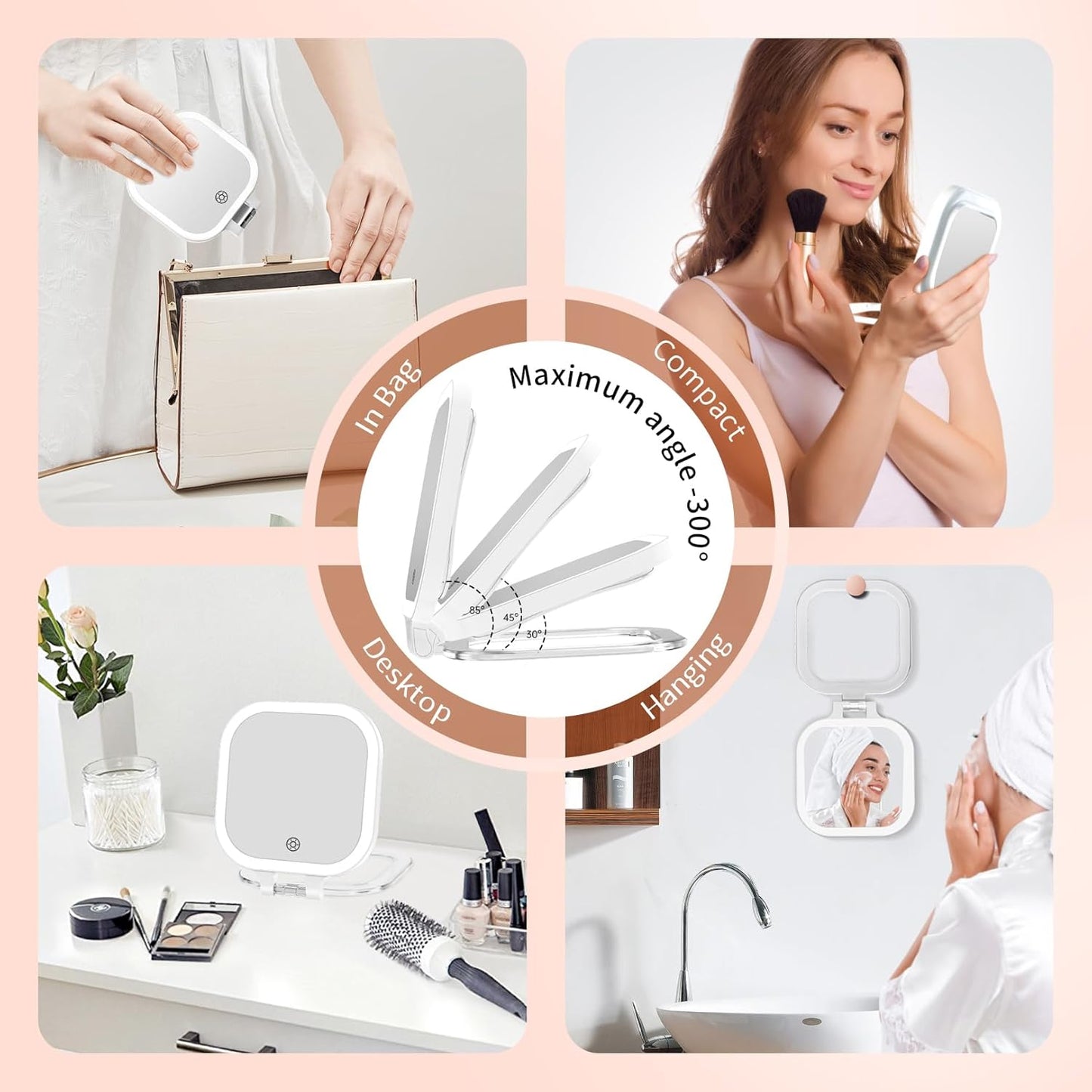 FASCINATE 10X Magnification Compact Travel Makeup Mirror with Lights and Magnification, 3.5 inch Portable 1X/10X Magnifying Mirror with 3 Color Light, Folding, Handheld (White)