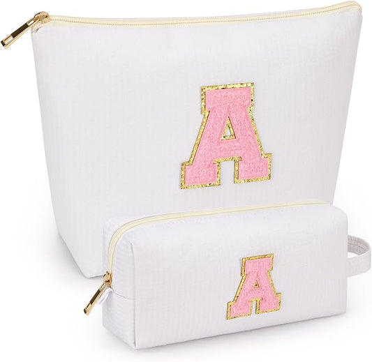 2 PCS Initial Makeup Bags for Women: Cosmetic Bag for Travel Toiletry - Birthday Gifts for 11 12 13 14 15 16 17 18 Years Old Girl Graduation Teacher Gift- Teen Girl Gifts Trendy Stuff - White A