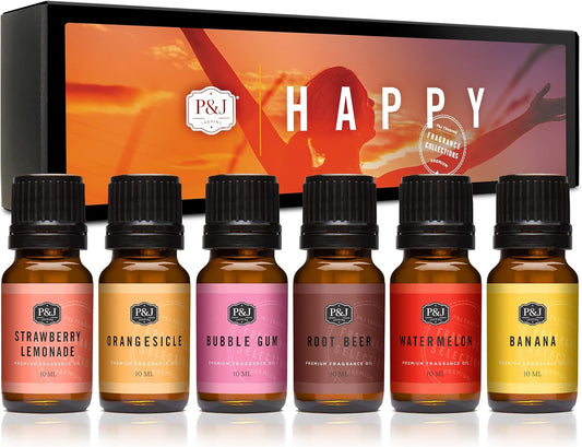 P&J Trading Happy Set of 6 Fragrance Oils - Root Beer, Watermelon, Banana, Strawberry Lemonade, Orangesicle, Bubble Gum Scented Oils for Candle Scents, Soap Making, Diffuser Oil