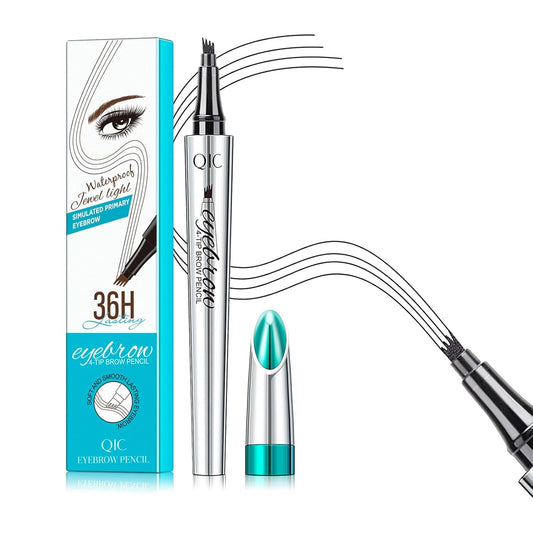 QIC Eyebrow 4 Tip Brow Pencil, Microblading Pen Waterproof Long-Lasting with Upgrade Micro-Fork Tip Applicator for Natural Brows (Black-04)