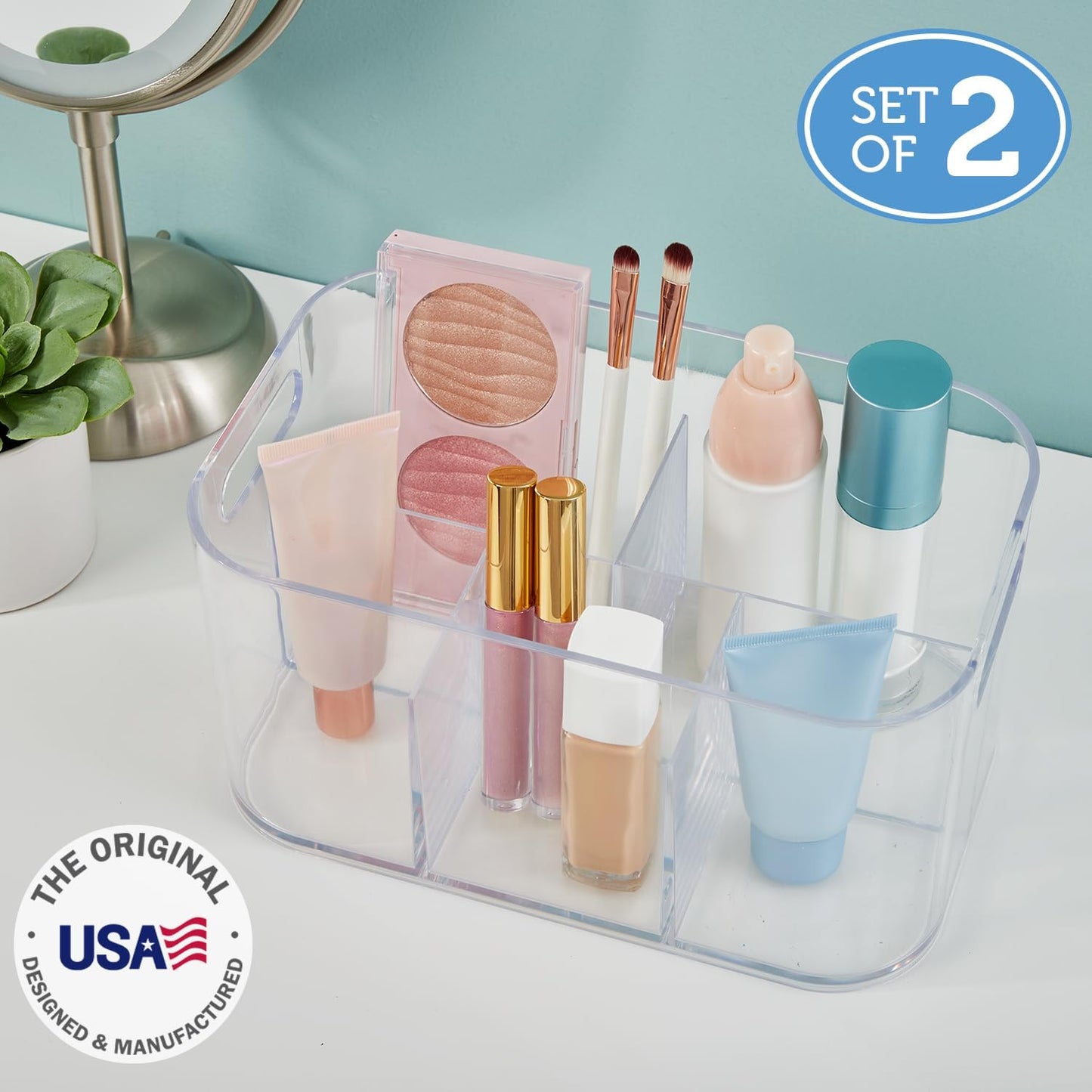 STORi Bliss 5-Compartment Plastic Cosmetics Storage Organizer, Set of 2 | Clear | Rectangular Divided Makeup Bin & Vanity Caddy with Pass-Through Handles | Round Corner Design | Made in USA