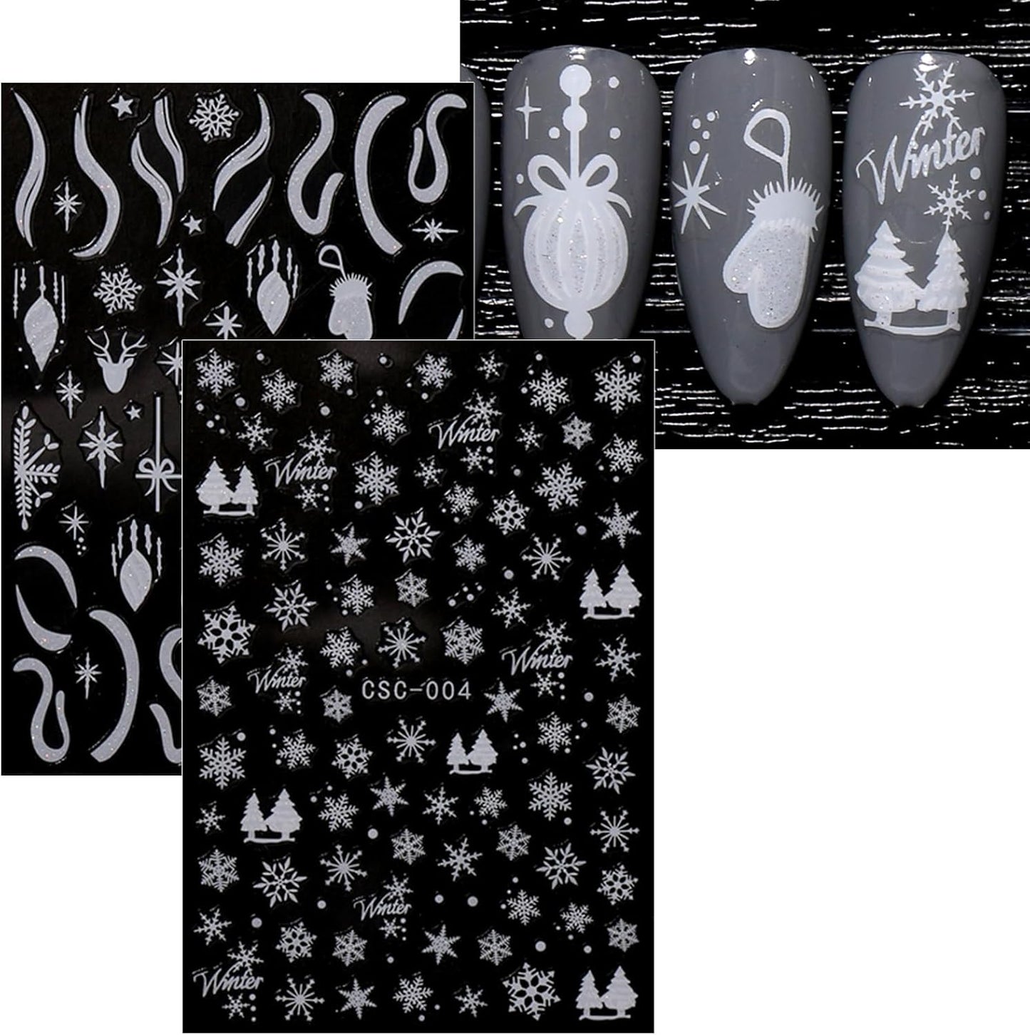 JMEOWIO 8 Sheets Christmas Glitter Nail Art Stickers Decals Self-Adhesive Cute Snowflake Winter Holiday White Nail Supplies Nail Art Design Decoration Accessories