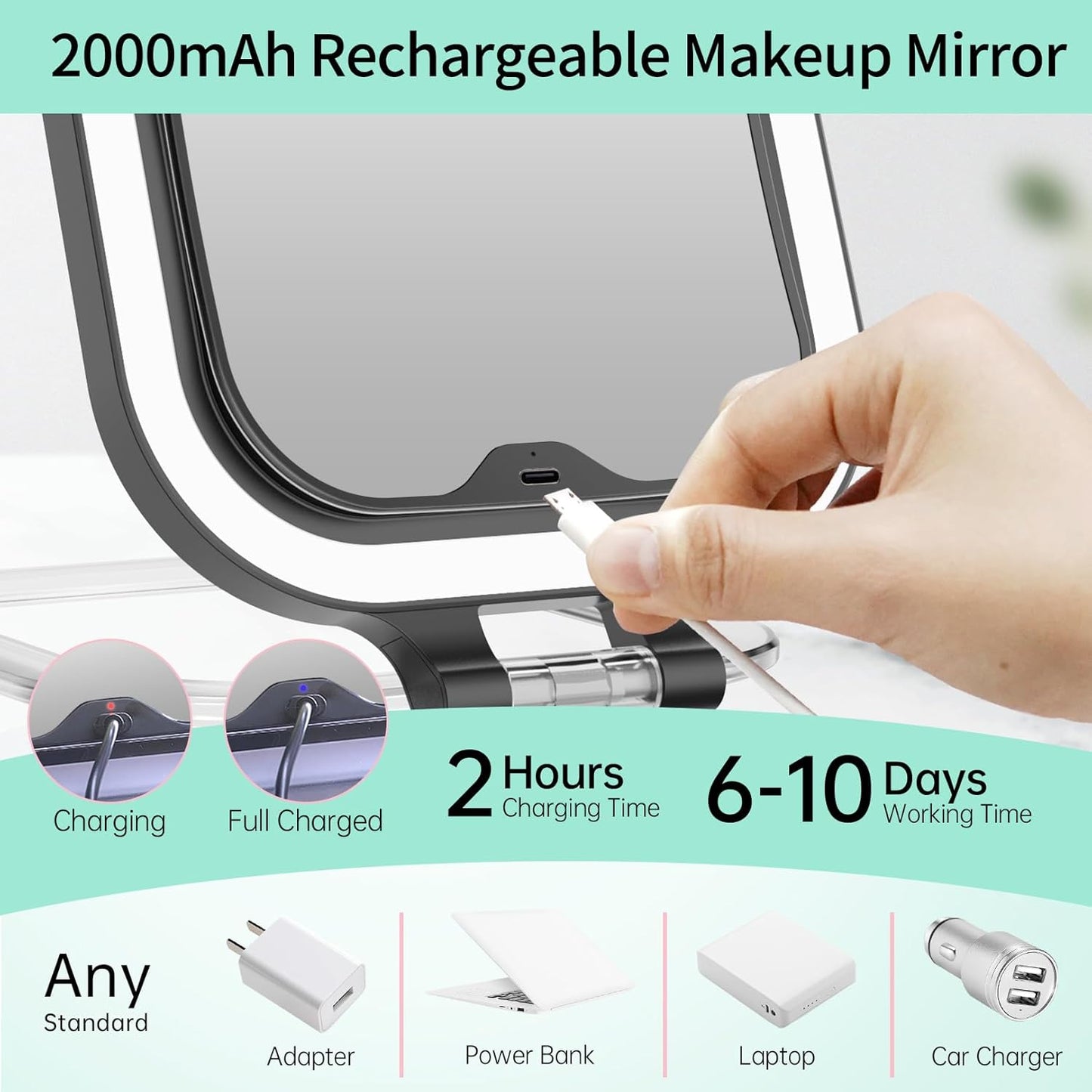 FASCINATE 10X Magnification Rechargeable Travel Makeup Mirror, 7" Lighted Portable Vanity Mirror with 3 Colors Lighting & Stepless Dimming, Double Sided LED Mirror, Gift for Women (Black)